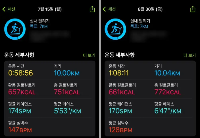2024년 7월 15일, 8월 30일 달리기 기록