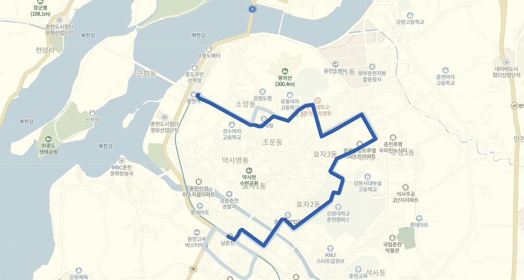  [춘천] 300번버스 시간표,  노선 정보 : 춘천역, 인성병원, 한림대, 강원대병원, 시외버스터미널, 남춘천역