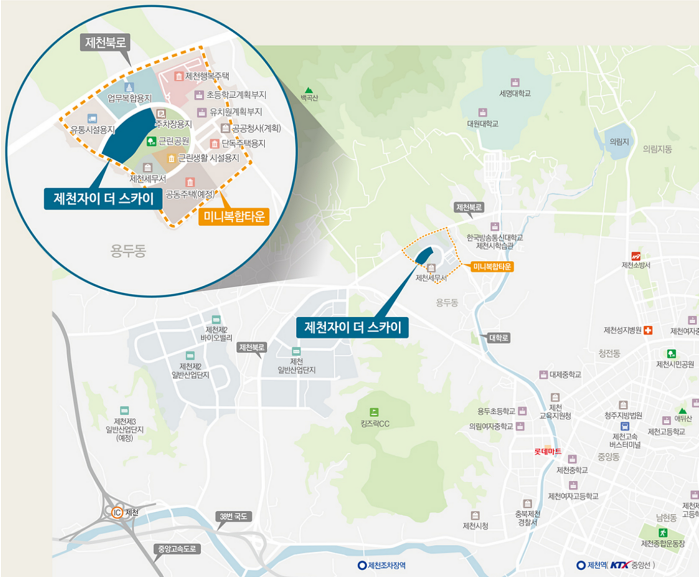 제천자이더스카이-주변-학교부지-근린공원-미니복합타운계획구역-제천구도심등이-표시된-지도