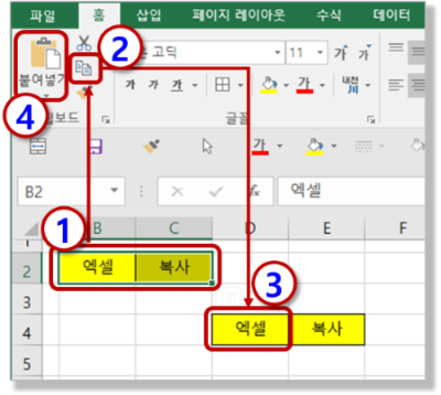 복사, 붙여넣기 - 리본 메뉴