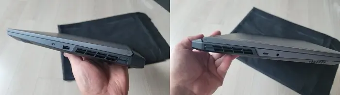 노트북의 좌/우 측면 포트 사진으로 USB 및 헤드폰 단자가 있습니다.