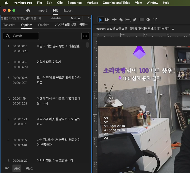 실제 자막이 생성된 모습