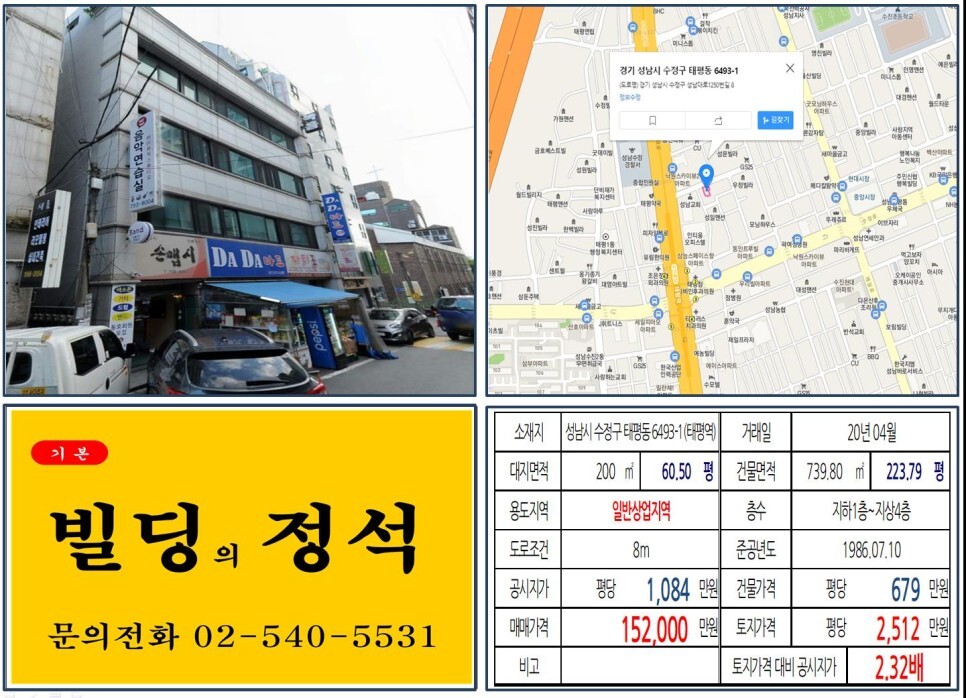  [성남구 일반상업지역 10억 꼬마빌딩 실거래가 조회] 태평동 6493-1 (태평역) 15억 2,000만 원, 평당 2,512만 원 매매되었습니다