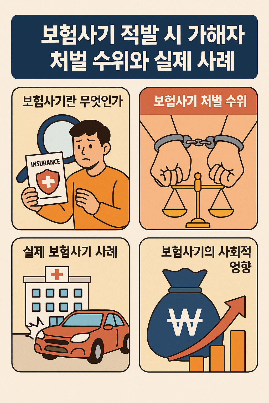 한국어 대체 텍스트: 네컷 만화 스타일 이미지로, 보험사기의 정의, 처벌 수위, 실제 사례, 사회적 영향을 설명. 첫 컷에는 보험 서류를 든 남성이 있고, 두 번째 컷에는 수갑 찬 손과 저울, 세 번째 컷에는 병원과 사고 난 차량, 네 번째 컷에는 상승 그래프와 원화 기호가 있는 돈 자루가 표현되어 있음.