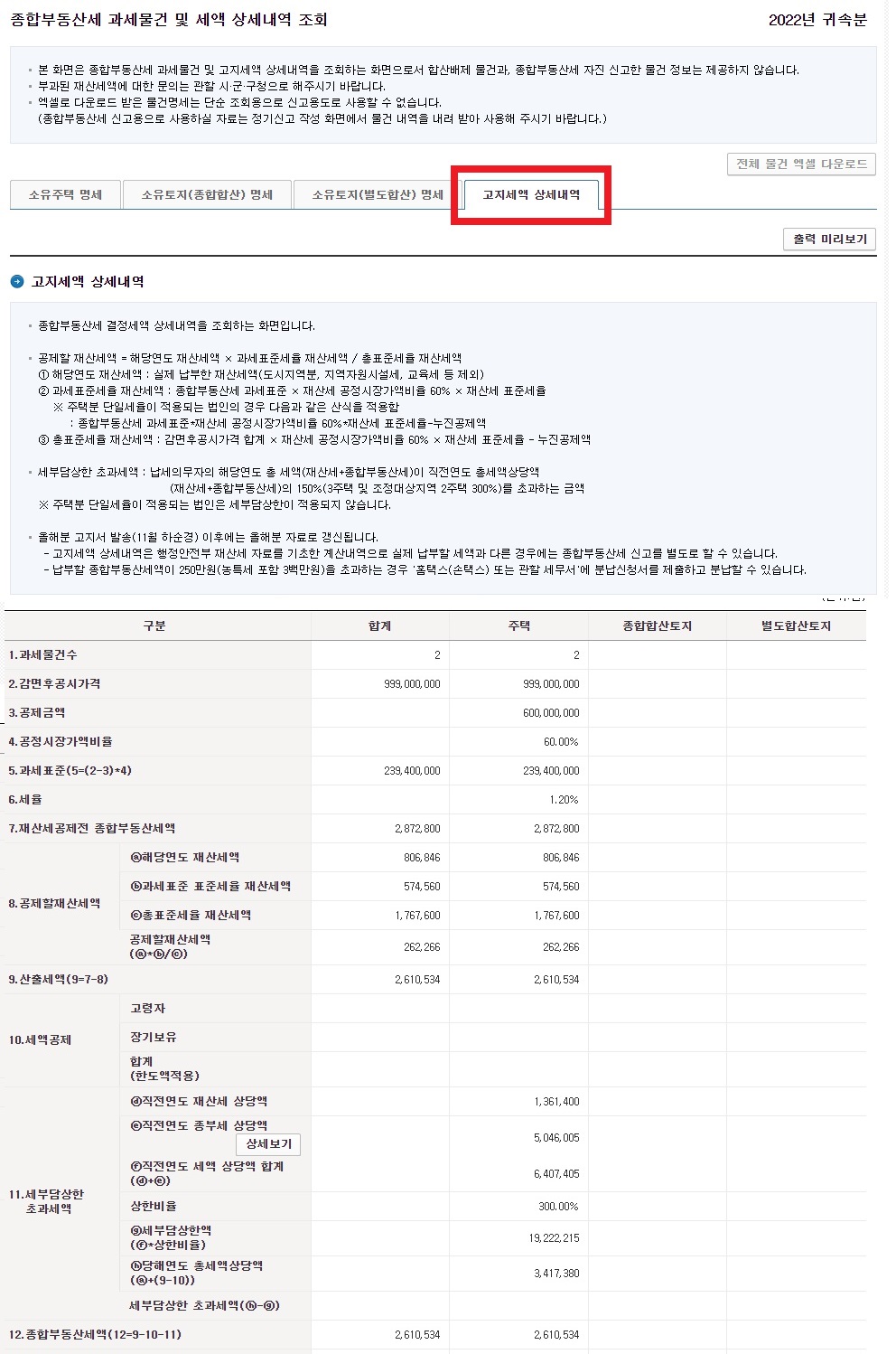 홈택스 종부세 과세물건 및 세액 상세내역 조회 화면