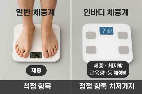 인바디 체중계와 일반 체중계의 측정 항목 차이를 설명하는 그래픽