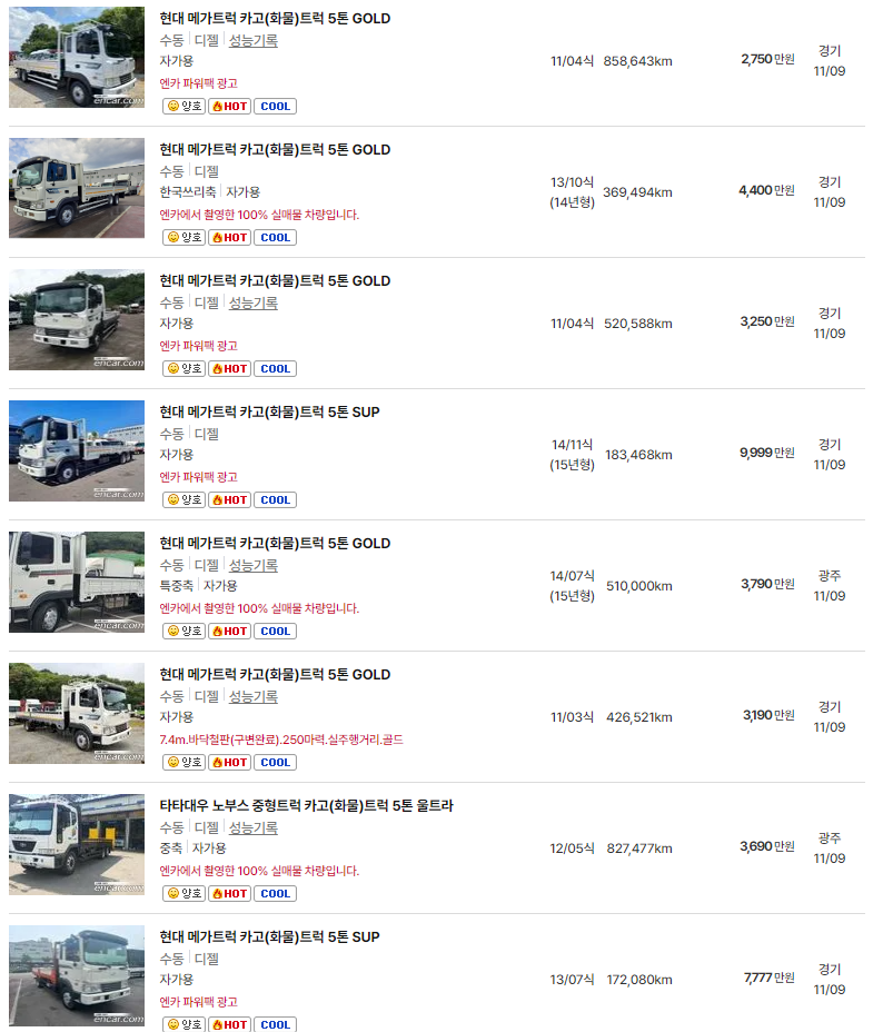 2011~2015년식 5톤 트럭 중고차 가격