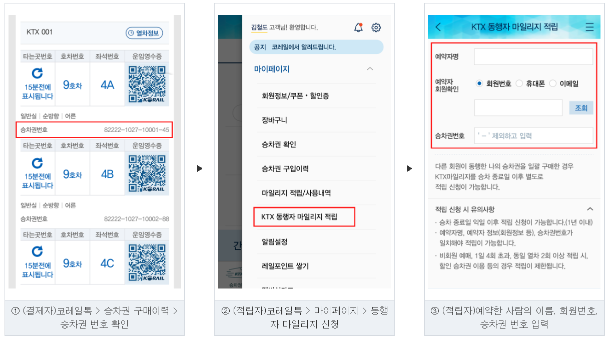  KTX 동행자 마일리지 적립 방법(2매이상 한번에 결제할 경우 필독)