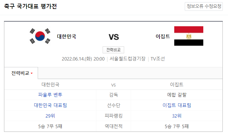  한국 이집트 평가전 중계 라인업 정리
