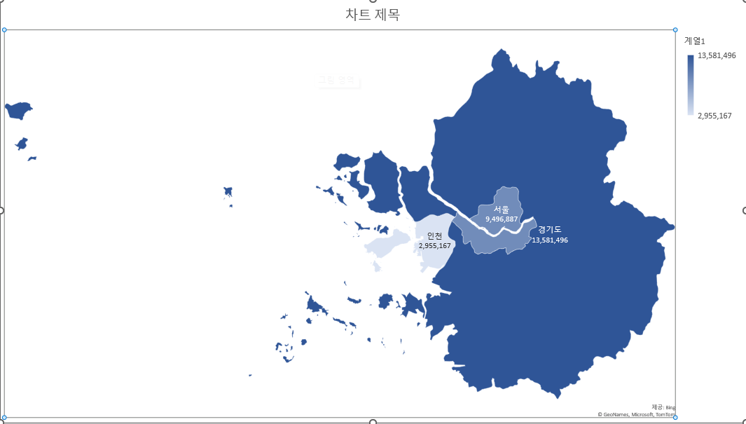 인천광역시의 인구수가 제대로 표시되도록 확대함. 그러면 서울과 인천의 지도 레이블도 제대로 표시됨