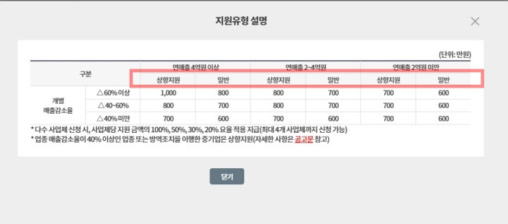 소상공인 손실보전금 지원유형 설명 표.