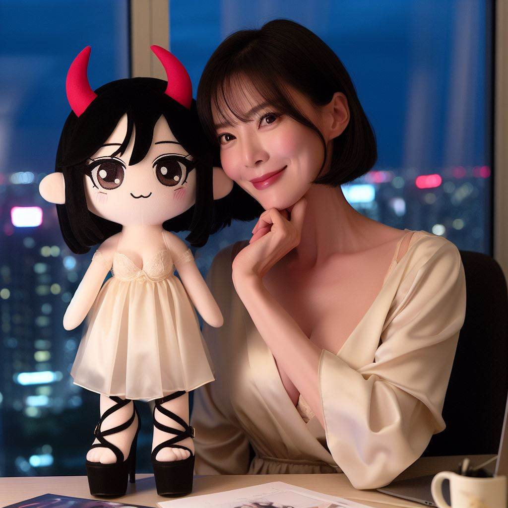 단발머리 흑발의 예쁜 40대 한국 주부가 서울의 야경이 내려다 보이는 통창 앞 책상에서 귀여운 루시퍼 인형을 만든는 모습
