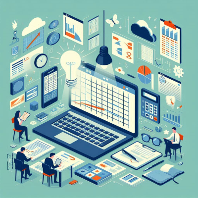 다양한 통계와 데이터를 처리하는 작업 환경을 나타내는 일러스트입니다.