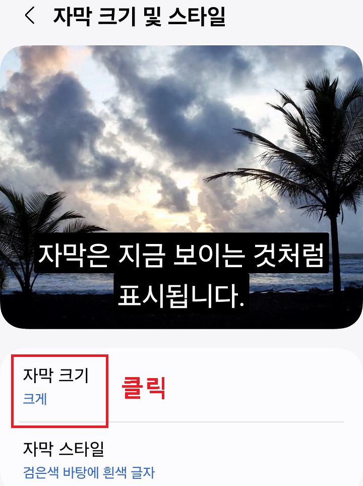 자막 크기 메뉴 클릭함