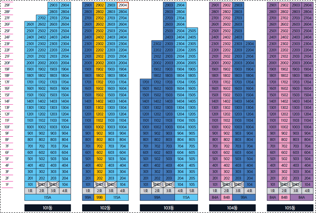 김해-주촌-이편한세상-동호수배치도(101동-105동)