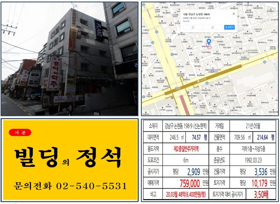  [강남구 신논현역 먹자상권 70억 올근생 꼬마빌딩 실거래가 조회] 논현동 198-9 (신논현역) 75억 9,000만 원, 평당 1억 179만 원 매매되었습니다.
