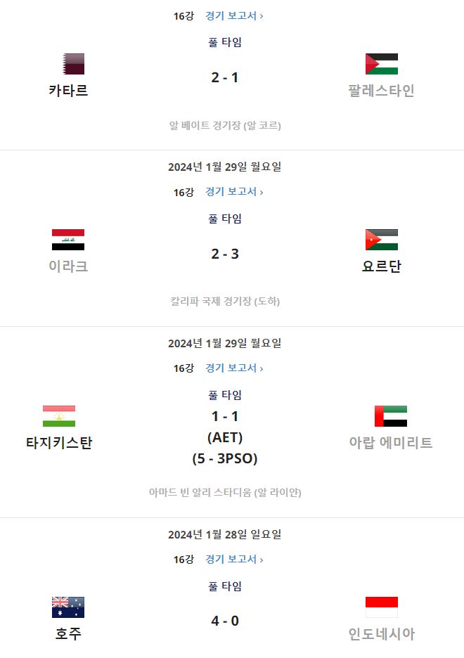 아시안컵 8강 경기 일정 16강 경기 결과 중계방송