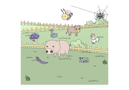 농장의 동물들, 돼지, 지내, 개미, 나비, 닭, 소, 뱀, 꿀벌, 거미