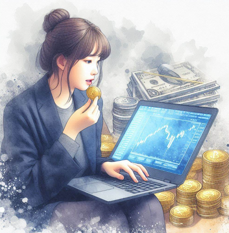 노트북으로 코인거래를 하는 모습