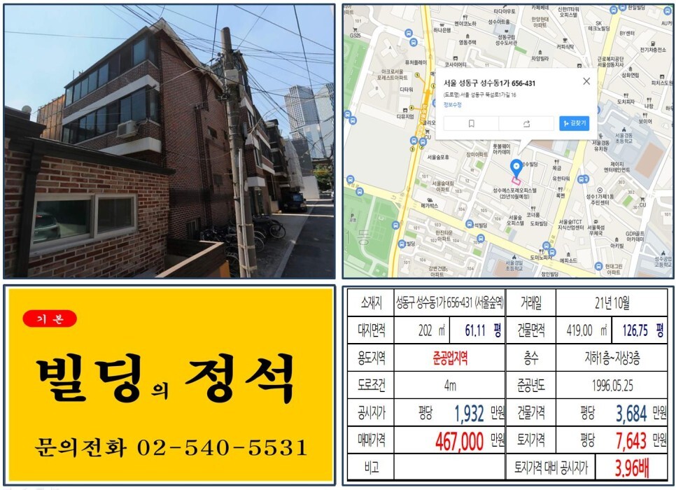  [성동구 서울숲 40억 꼬마빌딩 실거래가 조회] 성수동1가 656-431 (서울숲역) 46억 7,000만 원, 평당 7,643만 원 매매되었습니다.