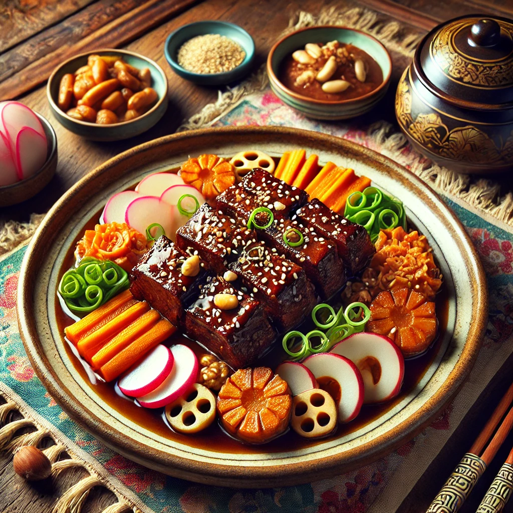 전통적인 한국 갈비찜, 부드러운 소갈비와 당근, 밤, 대파, 참깨로 고명한 명절 요리