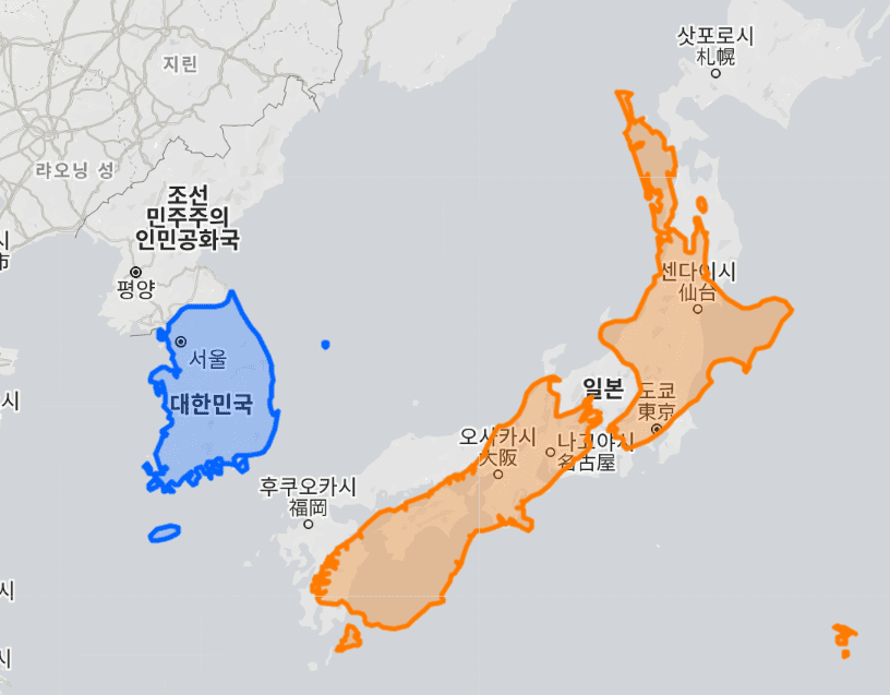뉴질랜드 Vs 한국 비교(땅 면적, 지도 비교, 인구수)