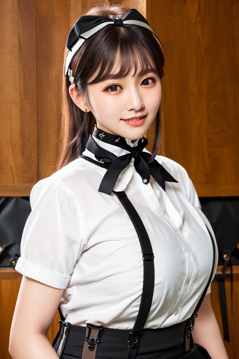  칼라넥 리본 셔츠 멜빵 스커트 입은 AI 여자 그리기