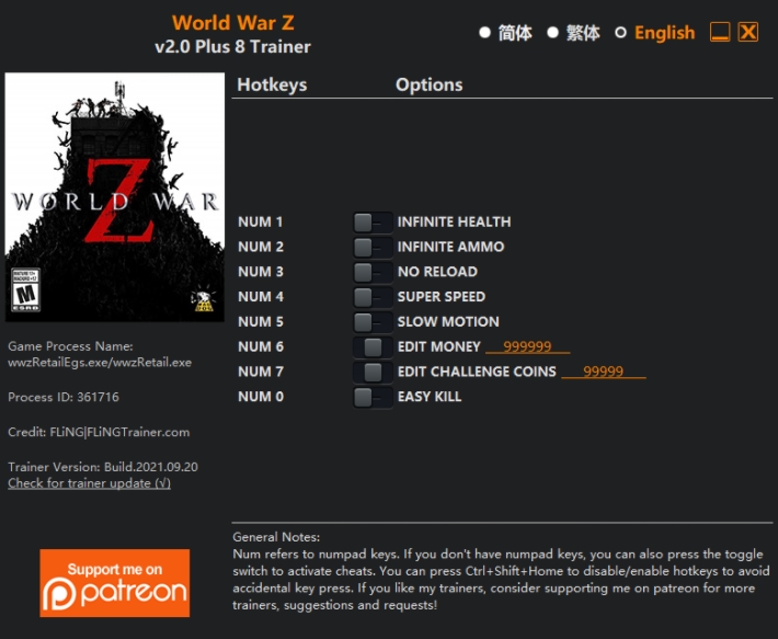  [트레이너] 한글판 월드워Z 최신 영문판 World War Z v2.0 Plus 8 Trainer