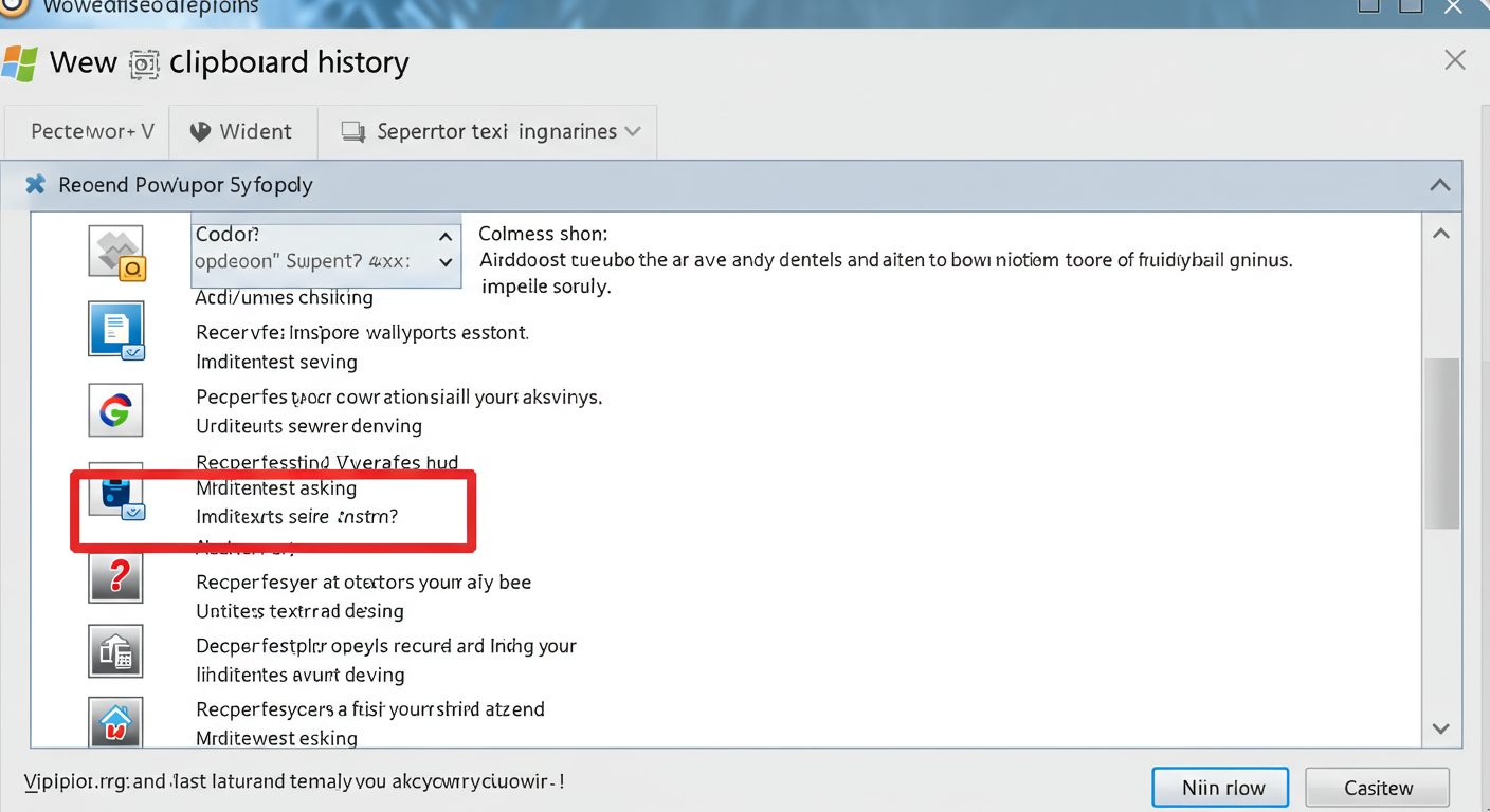 (Image Prompt: Screenshot showing the Windows Clipboard History panel (activated by Win+V) displaying multiple recently copied text snippets and images. One item is highlighted for pasting. Style: Functional UI screenshot.)