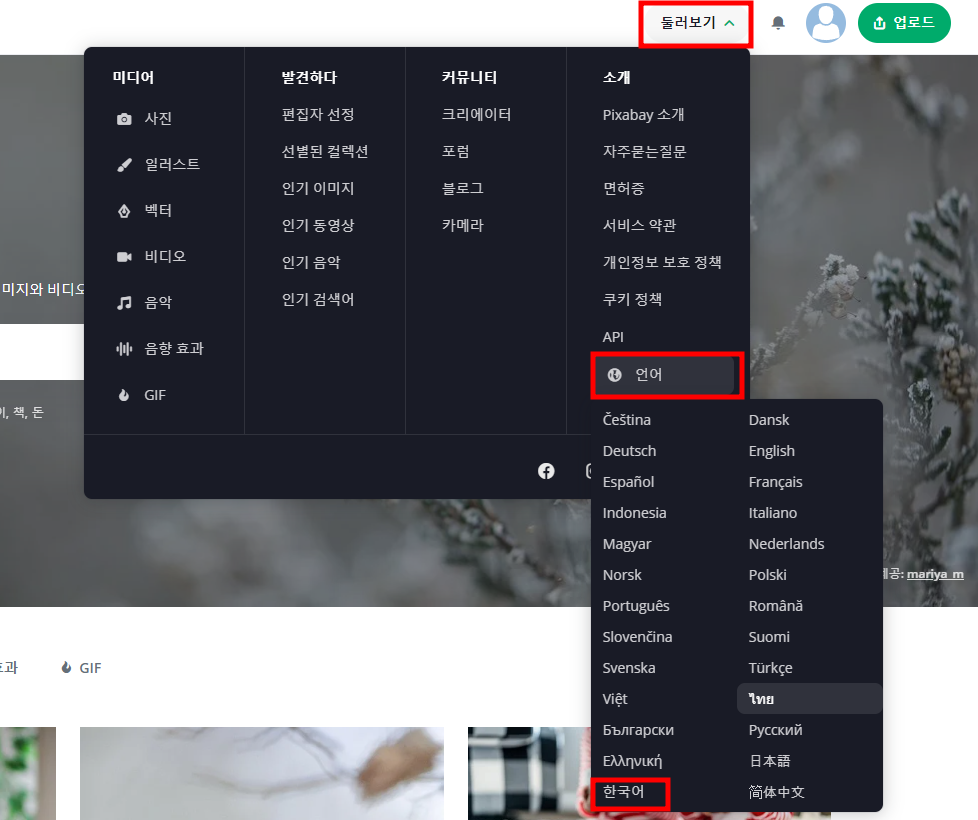 픽사베이-한국어로 바꾸기