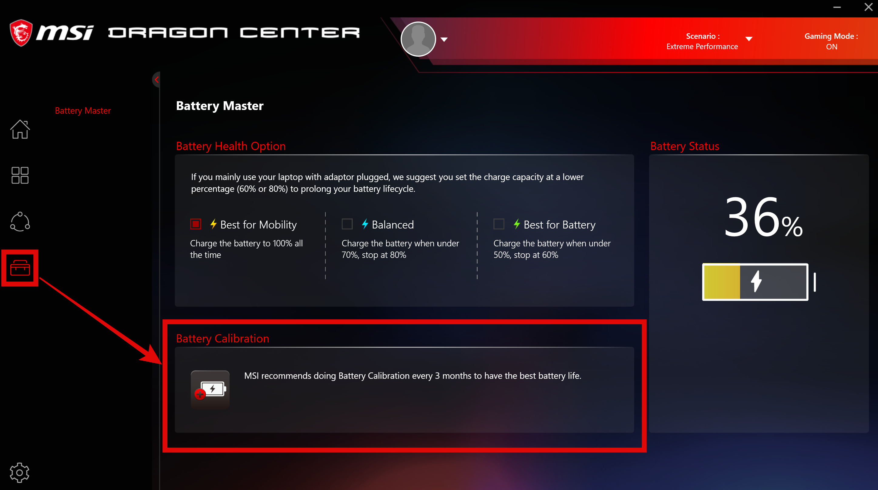 MSI DRAGON CENTER Battery Calibration