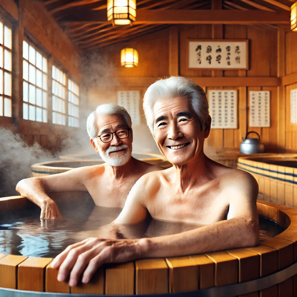 &quot;한국의 전통 목욕탕(찜질방)에서 따뜻한 목욕을 즐기고 있는 친근한 노인. 나무로 된 내부와 김이 모락모락 나는 탕 속에서 편안한 미소를 짓고 있으며, 노인 복지를 위한 지원 제도를 상징하는 장면.&quot;