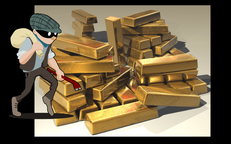 금을 훔치려는 도둑 만화와 사진