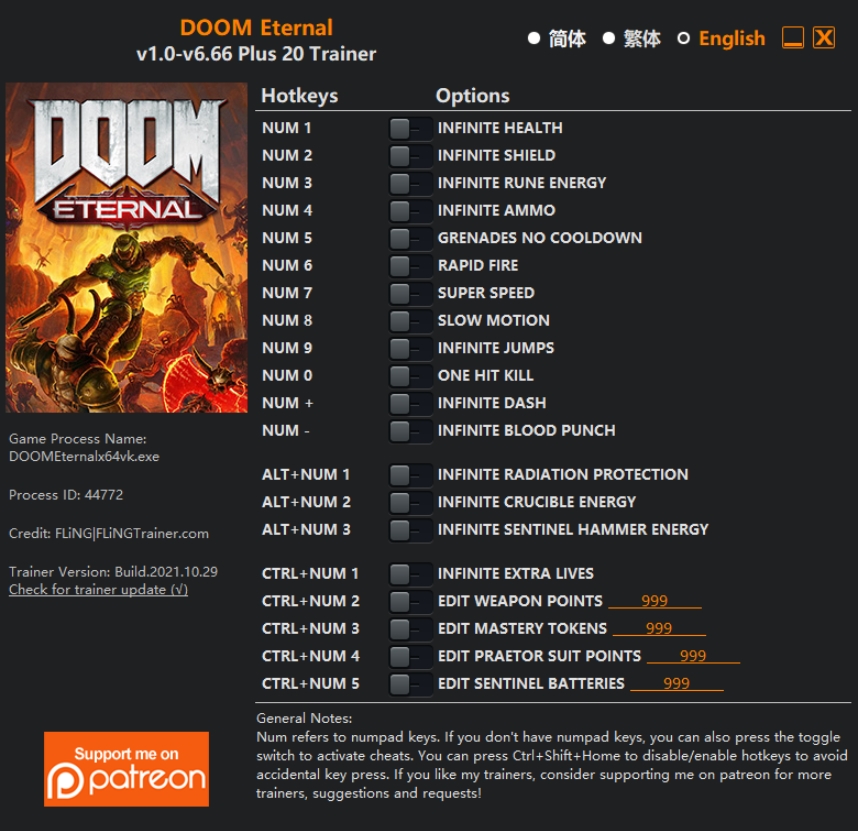  [트레이너] 한글판 둠 이터널 영문판 DOOM Eternal v1.0-v6.66 Plus 20 Trainer