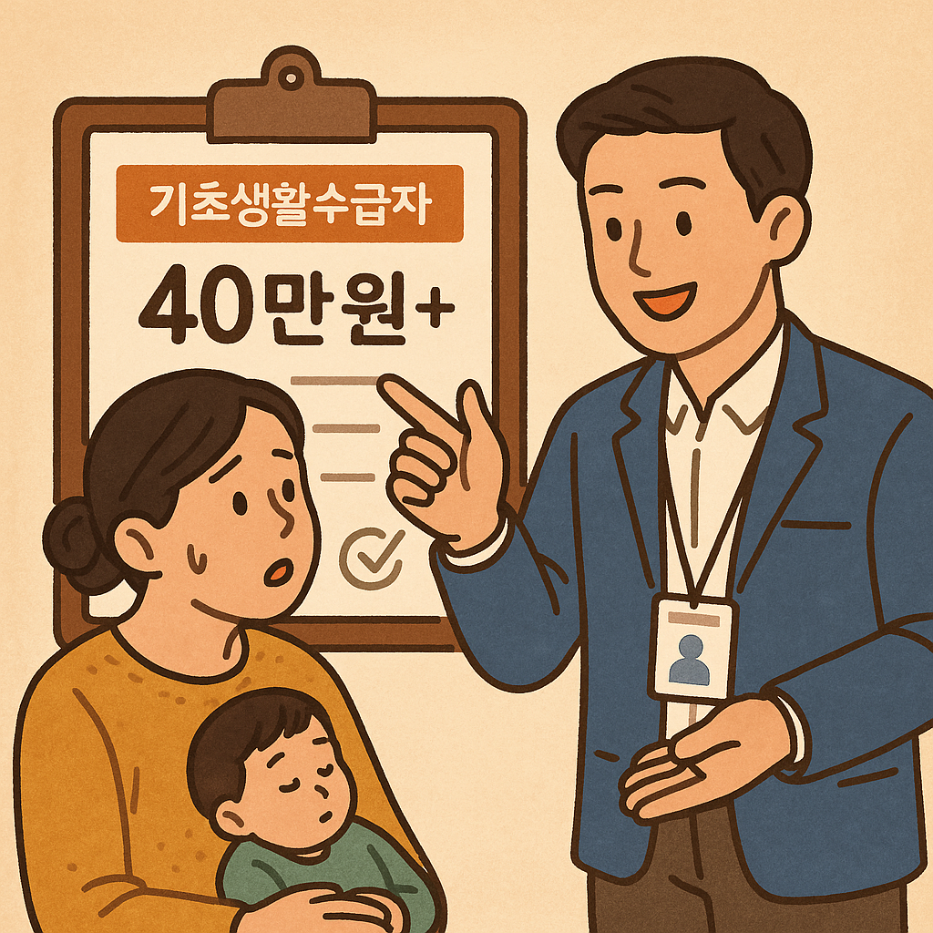 기초생활수급자 40만 원 이상 지원 안내를 받는 여성과 아이, 이를 설명하는 복지 상담사의 모습 일러스트