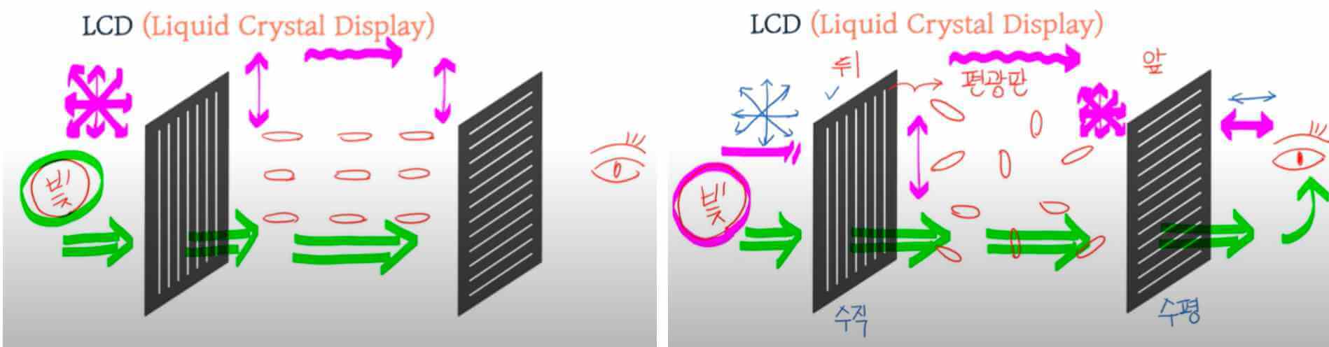 LCD 원리: 액정의 상태 변화로 빛이 POL 통과여부를 결정합니다.