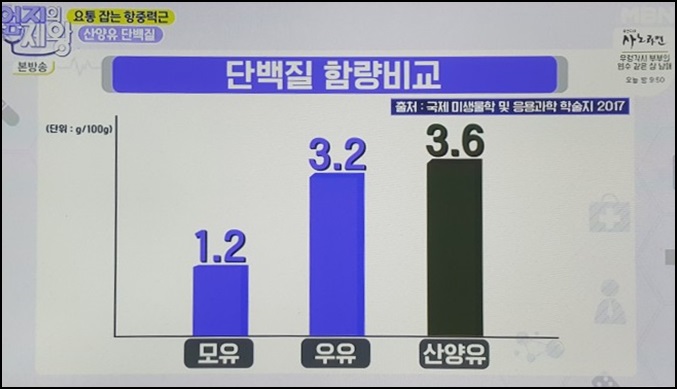 산양유와 우유, 모유 단백질 함량 비교 그래프