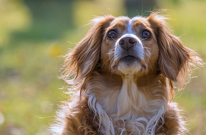 연한 갈색과 흰색털을 가진 개가 정면을 보고 있는 모습