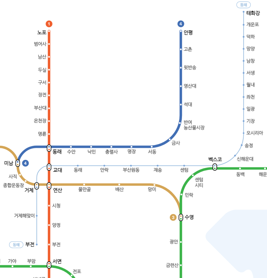 어린이날 부산시내에서 지하철을 타고 부산롯데월드가 있는 오시리아역까지 가는 방법 중 지하철 노선도