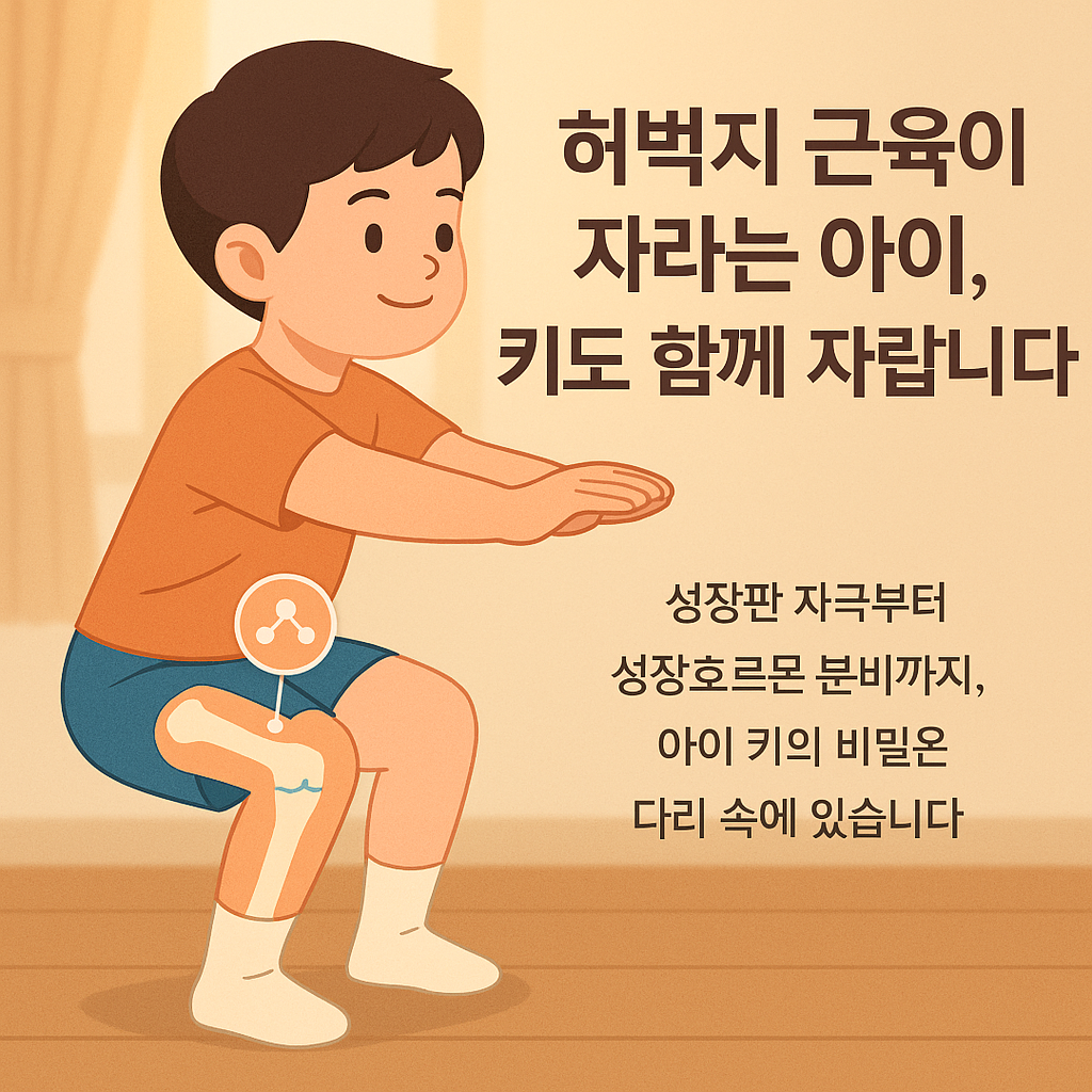 성장호르몬과 키 성장을 위해 스쿼트 운동을 하는 남자아이 일러스트, 허벅지 근육과 성장판의 연결을 보여주는 따뜻한 감성 이미지