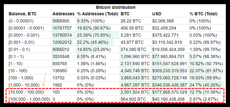 BitInfoCharts 제공 비트코인 보유 분포