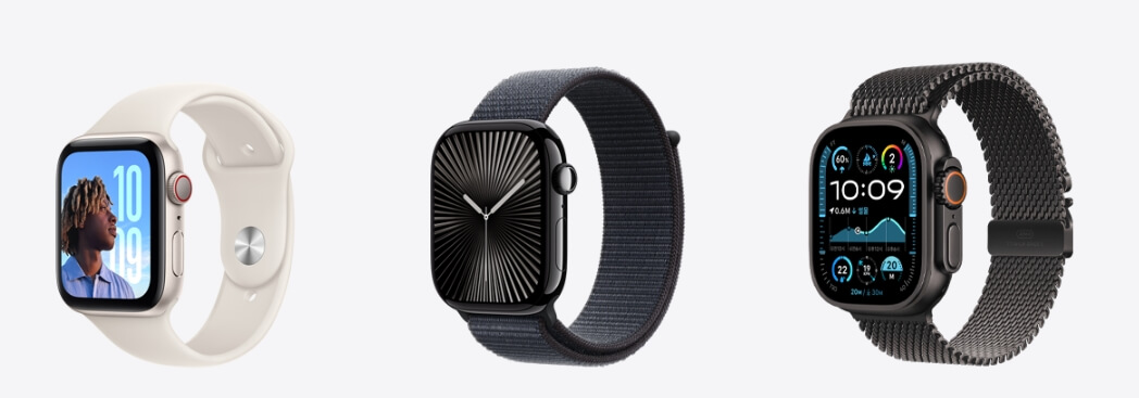 애플 워치 라인업의 주요 모델을 나란히 비교한 이미지. 왼쪽에는 실용적인 디자인의 Apple Watch SE, 중앙에는 고급스러운 디스플레이가 돋보이는 Apple Watch Series 10, 오른쪽에는 강력한 내구성과 스포츠 기능을 갖춘 Apple Watch Ultra 2가 배치되어 있습니다. 각각의 워치는 독특한 밴드 디자인과 디스플레이를 강조하며, 다양한 라이프스타일과 요구를 충족할 수 있음을 나타냅니다