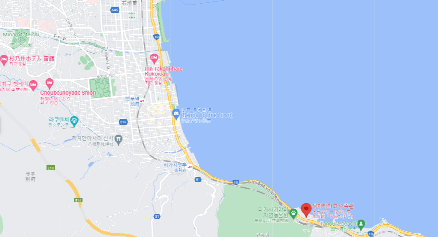 오이타 마린팰리스 수족관 우미타마고는 벳푸만에 위치하고 있다. 우미타마고의 현대식 건물은 벳푸만과 연결된 것처럼 보이는데 우미타마고 내부에는 여러 수조를 갖추고 있으며 이 중에서 가장 큰 곳의 경우 1,250톤의 해수를 담고 있다.