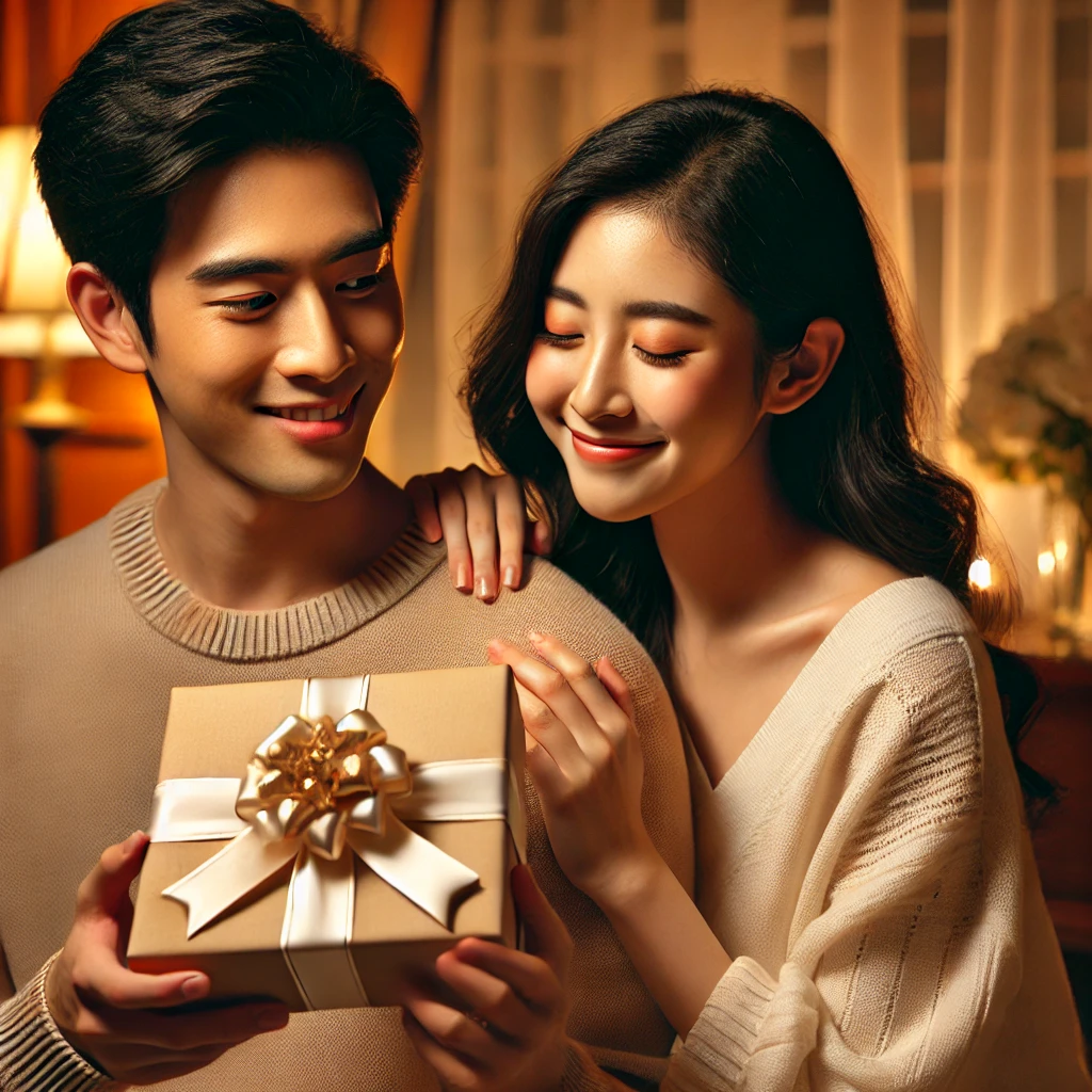 남자가 여자에게 화이트데이 선물을 주는 로맨틱한 장면