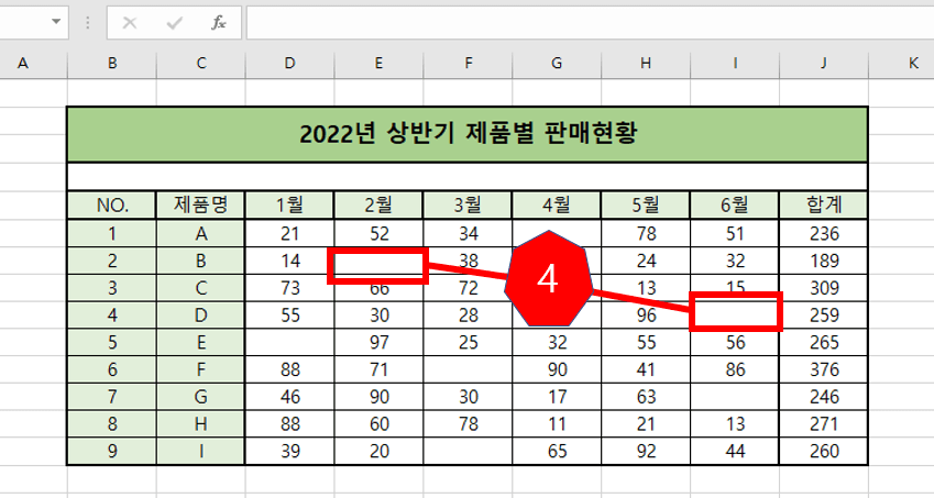 0이 공백으로 표시된 셀