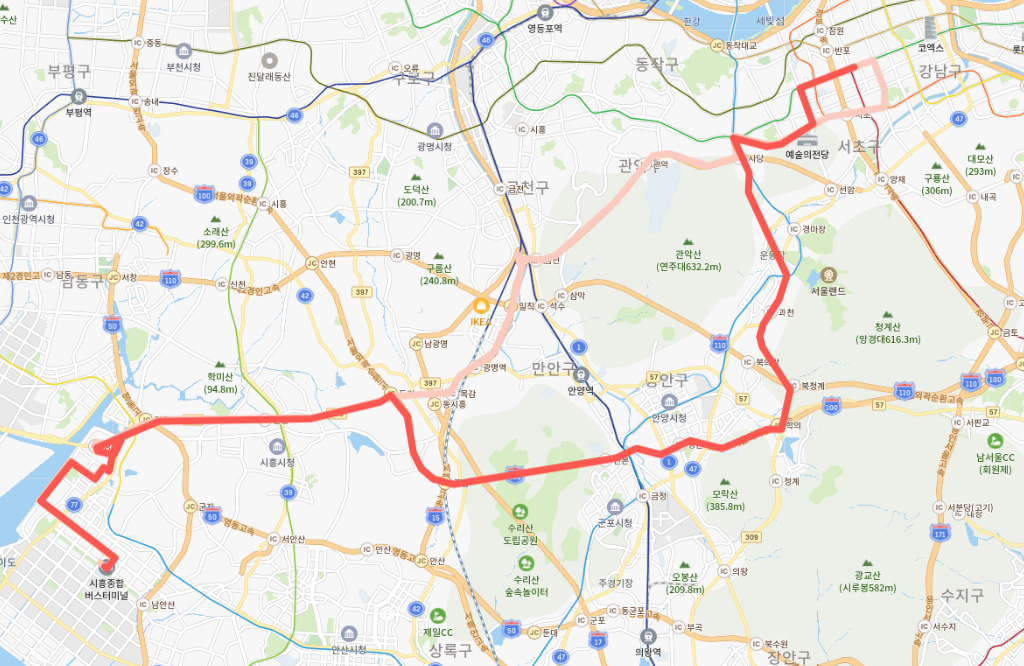  [직행좌석]3400번버스 시간표, 노선 정보 :: 시흥버스터미널, 사당역, 강남역, 역삼역, 양재역
