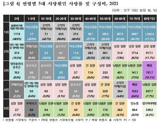 한국인 사망원인 통계 연령별 Top5 (2021년)