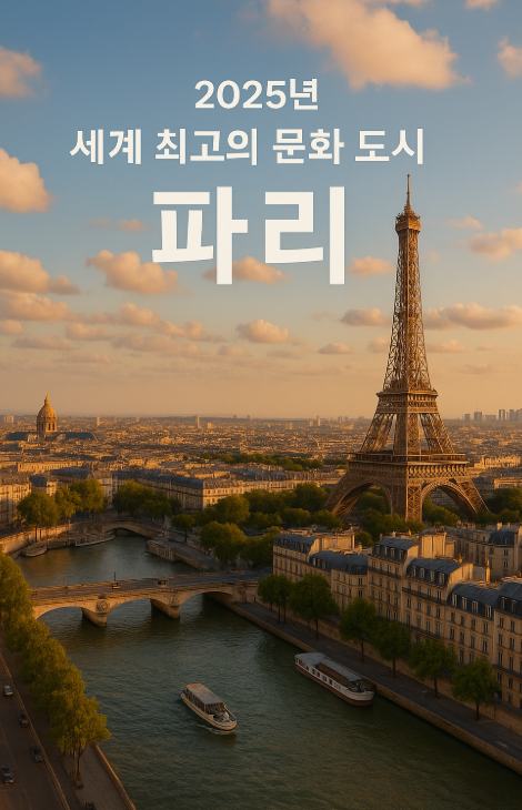 2025년 세계 최고의 문화의 도시로 뽑힌 파리 전경 으로 에펠탑과 센느강이 보이고 유람선 2대가 보임