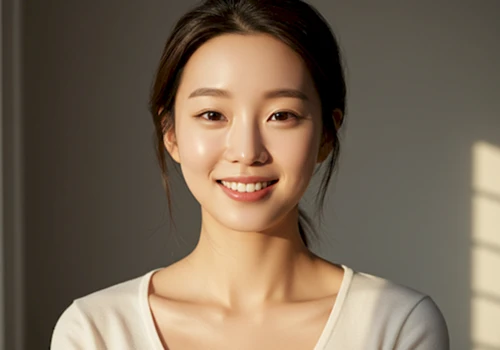 맑고 건강한 피부톤과 밝은 미소를 가진 한국 여성의 자신감 있는 모습을 사실적으로 묘사한 사진