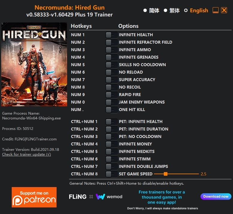  [트레이너] 한글판 네크로문다 : 하이어 건 최신 영문판 Necromunda: Hired Gun v0.58333-v1.61194 Plus 19 Trainer